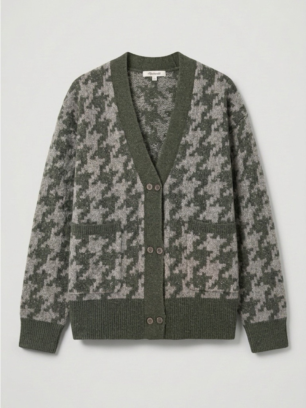 Madewell Olive and Light Gray Houndstooth V-Neck Cardigan